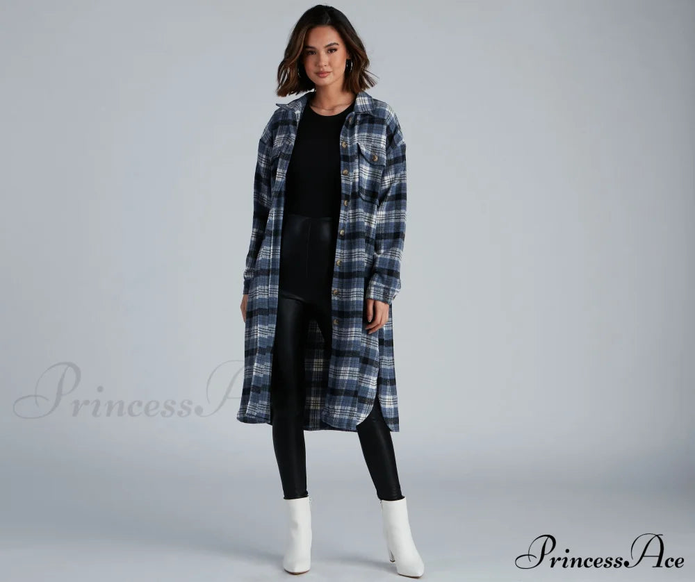 Casual Cozy Plaid Shacket Blue / S/M Casual Woven Jackets