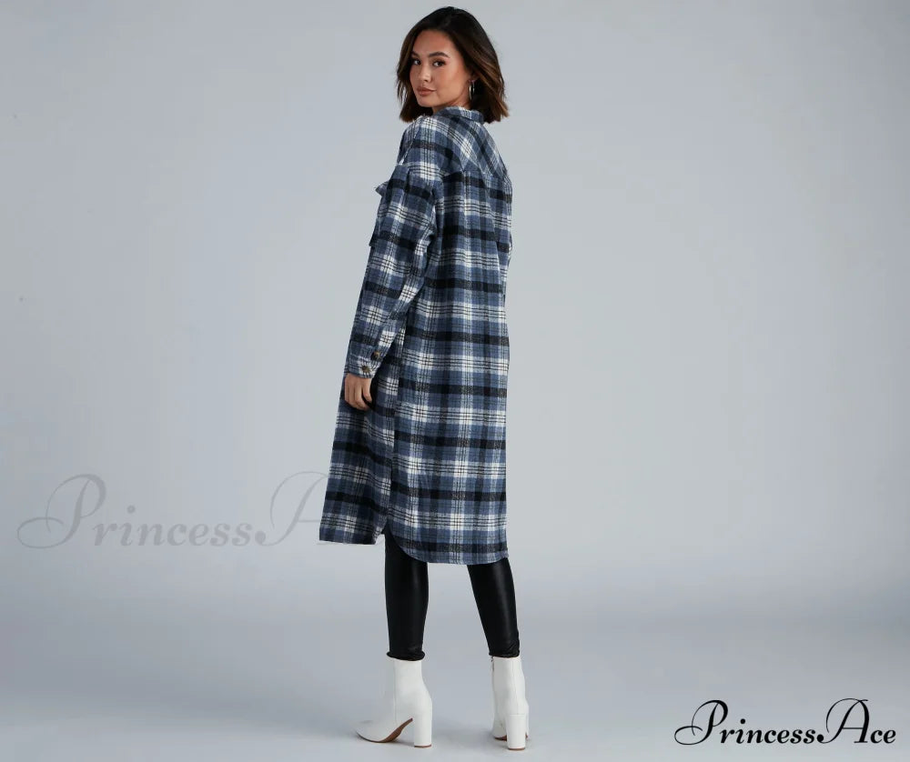 Casual Cozy Plaid Shacket Casual Woven Jackets