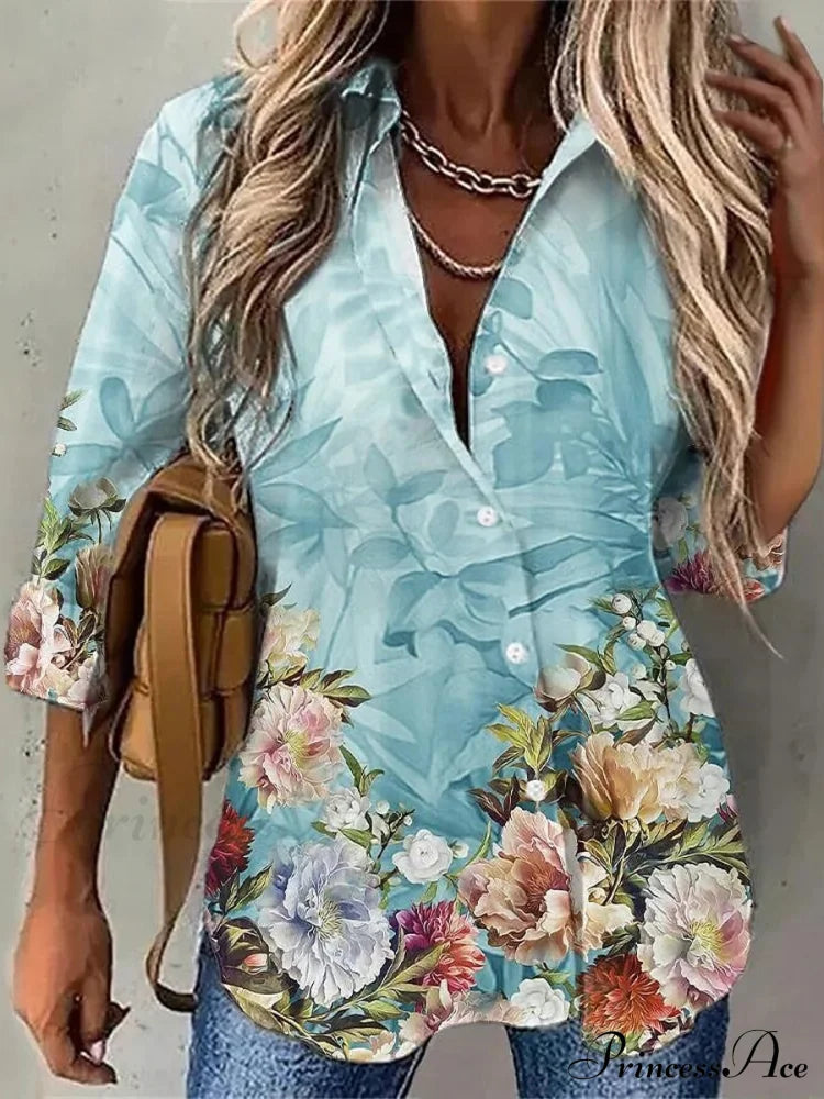 Casual Daily Floral Print Blouse Blue / S