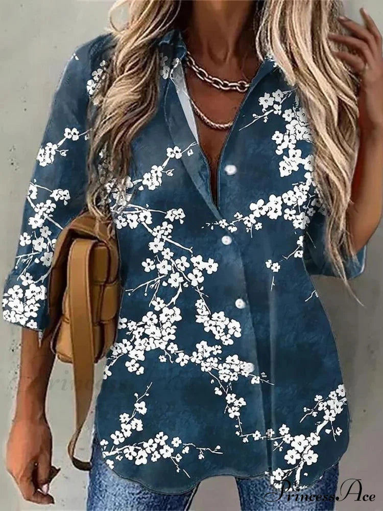 Casual Daily Floral Print Blouse Deep Blue / S