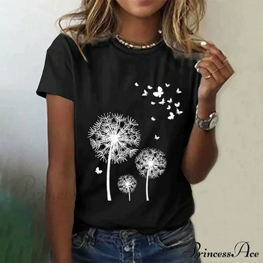 Dandelion Print Casual T-Shirt Black best Best Sellings clothes Sale tops Topseller