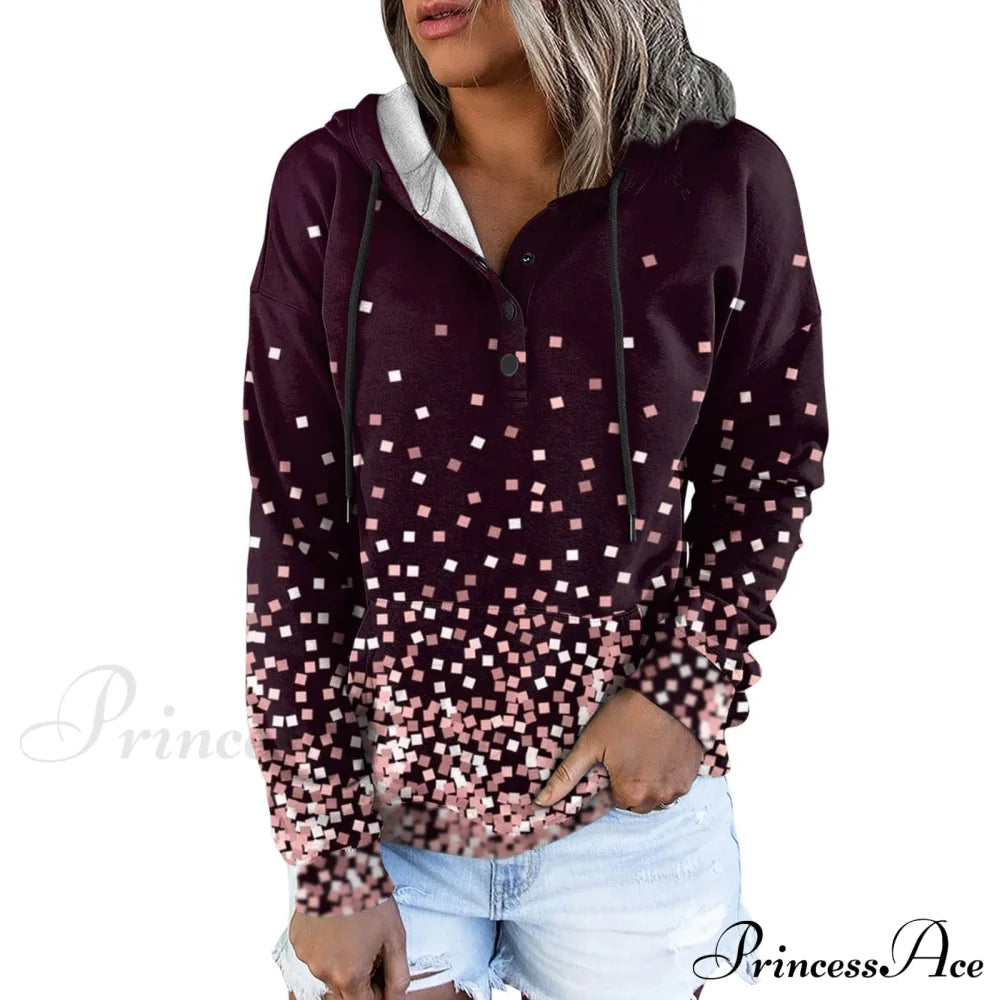 Casual Drawstring Button Sequins Printed Hooded Sweatshirts & Hoodies-L