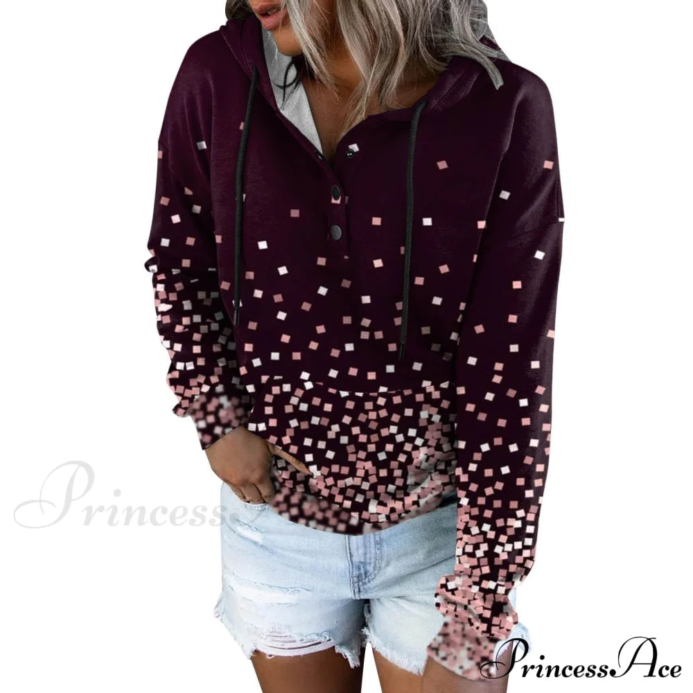 Casual Drawstring Button Sequins Printed Hooded Sweatshirts & Hoodies-L