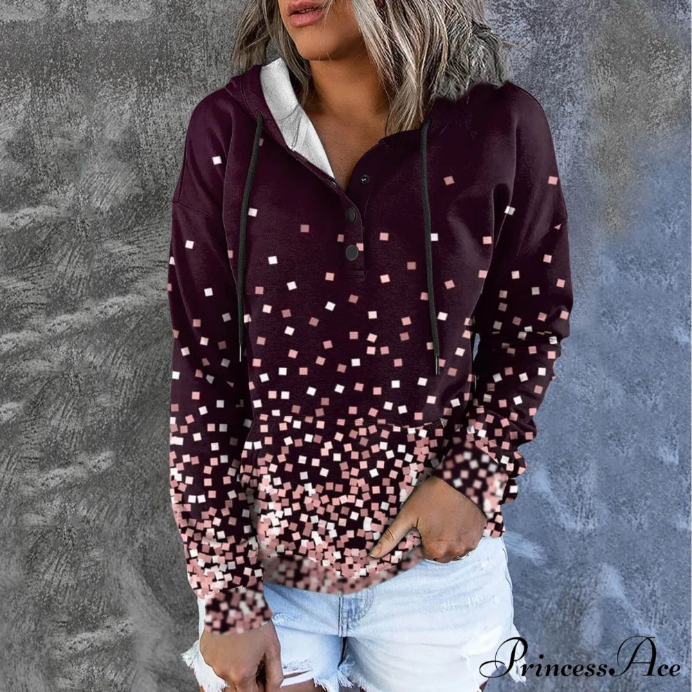 Casual Drawstring Button Sequins Printed Hooded Sweatshirts & Hoodies-L