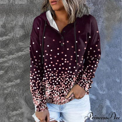 Casual Drawstring Button Sequins Printed Hooded Sweatshirts & Hoodies-L