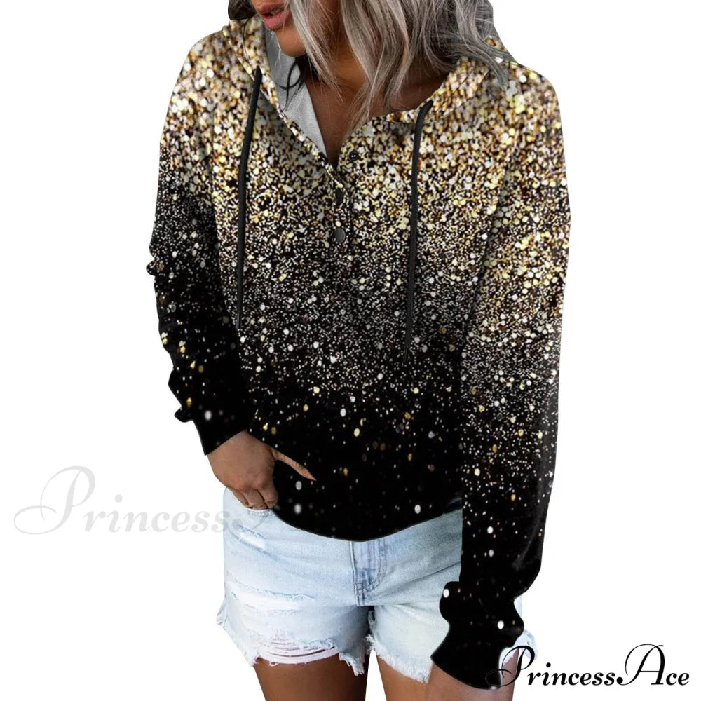 Casual Drawstring Button Sequins Printed Hooded Sweatshirts & Hoodies-L