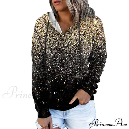 Casual Drawstring Button Sequins Printed Hooded Sweatshirts & Hoodies-L