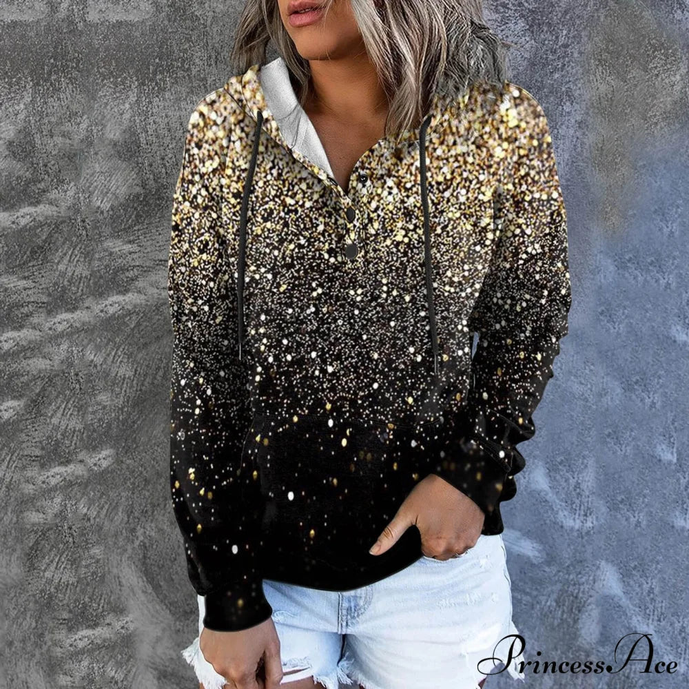 Casual Drawstring Button Sequins Printed Hooded Sweatshirts & Hoodies-L