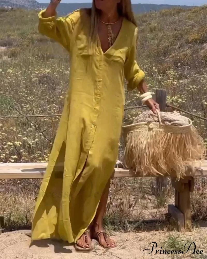 Casual Dress With Slit - Solid Color Dresses