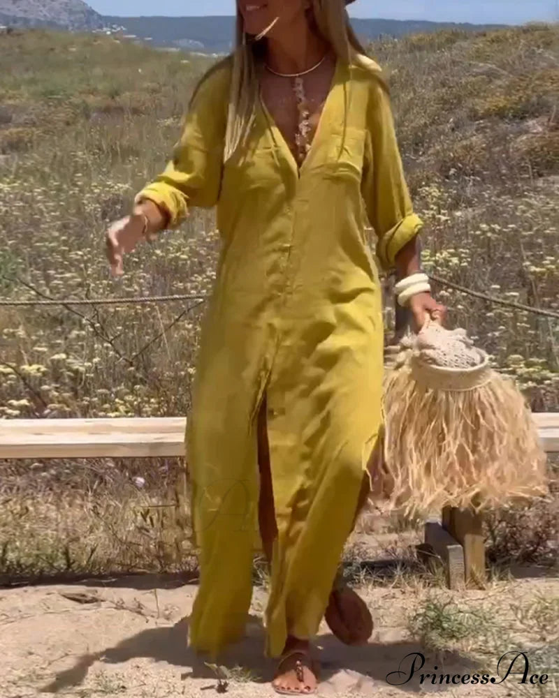 Casual Dress With Slit - Solid Color Dresses