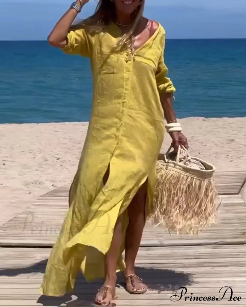 Solid color slit casual dress Yellow Casual Dresses Clothes Dresses SALE Spring Summer