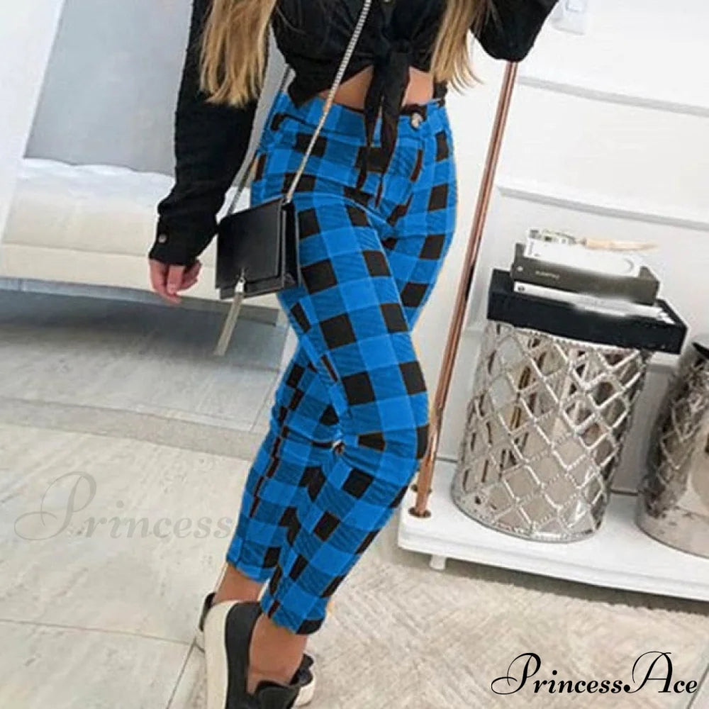 Casual Elastic High Waist Loose Pockets Long Pants Blue / S