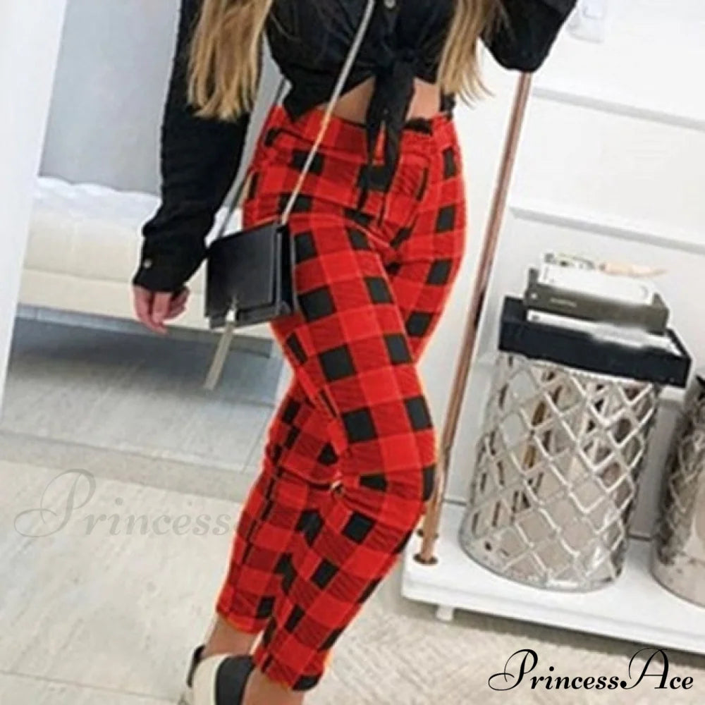 Casual Elastic High Waist Loose Pockets Long Pants Red / S