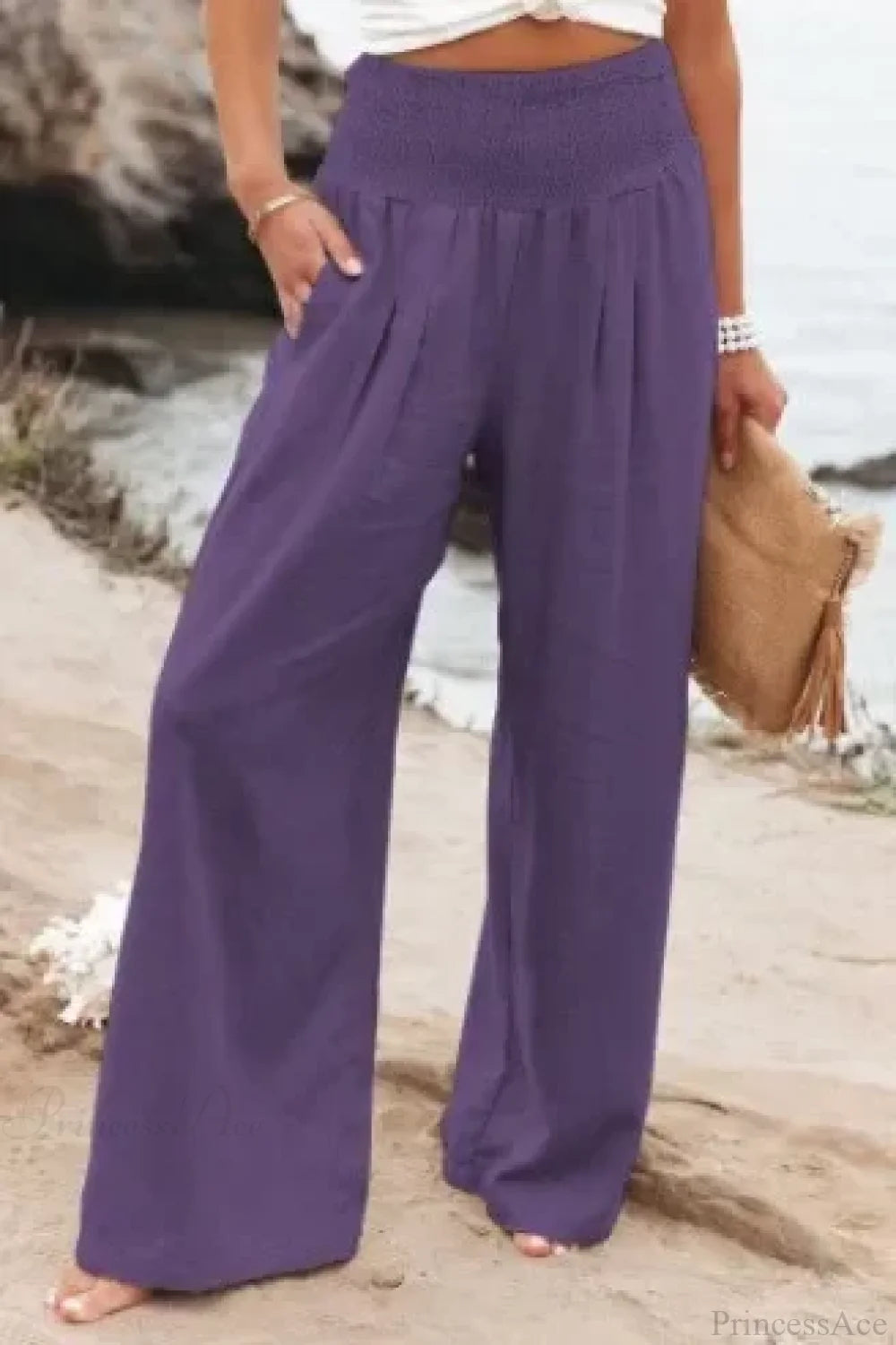 Casual Elastic Waist Linen Wide Pants PURPLE / S