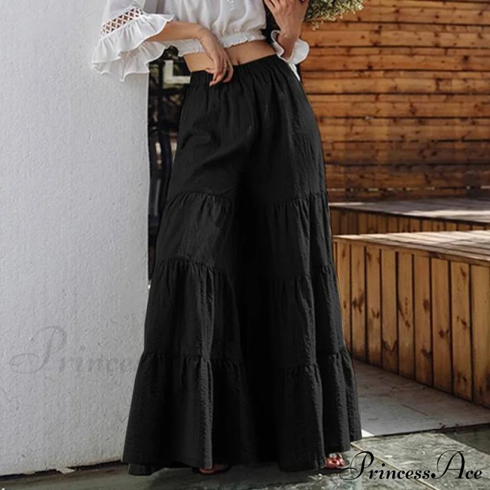 Casual Elastic Waist Long Solid Pants Black / S