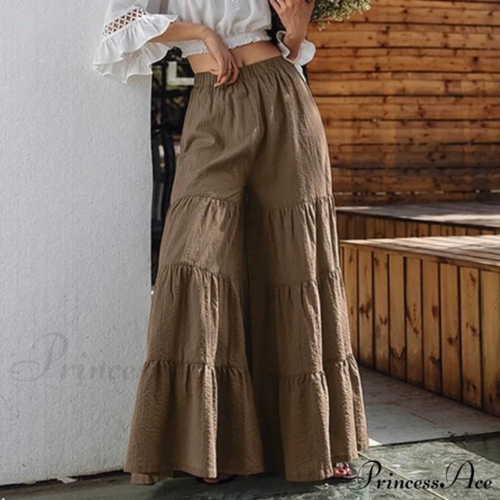 Casual Elastic Waist Long Solid Pants Khaki / S