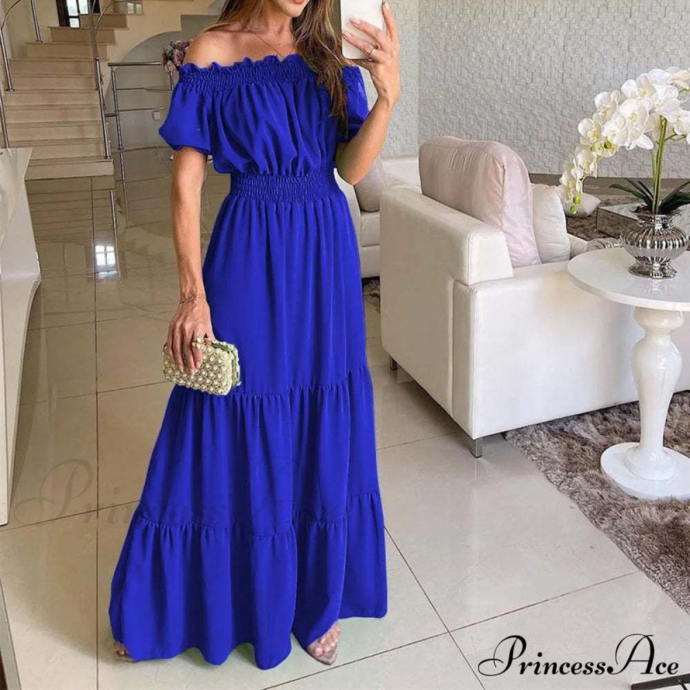 Casual Elegant Ruffle Halter Sleeveless Classic Female Party Outfits Beach Maxi Dress Blue-02 / S