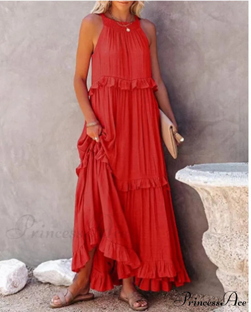Casual Elegant Ruffle Halter Sleeveless Classic Female Party Outfits Beach Maxi Dress Orange Red / S