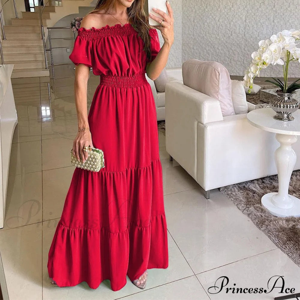 Casual Elegant Ruffle Halter Sleeveless Classic Female Party Outfits Beach Maxi Dress Red / S