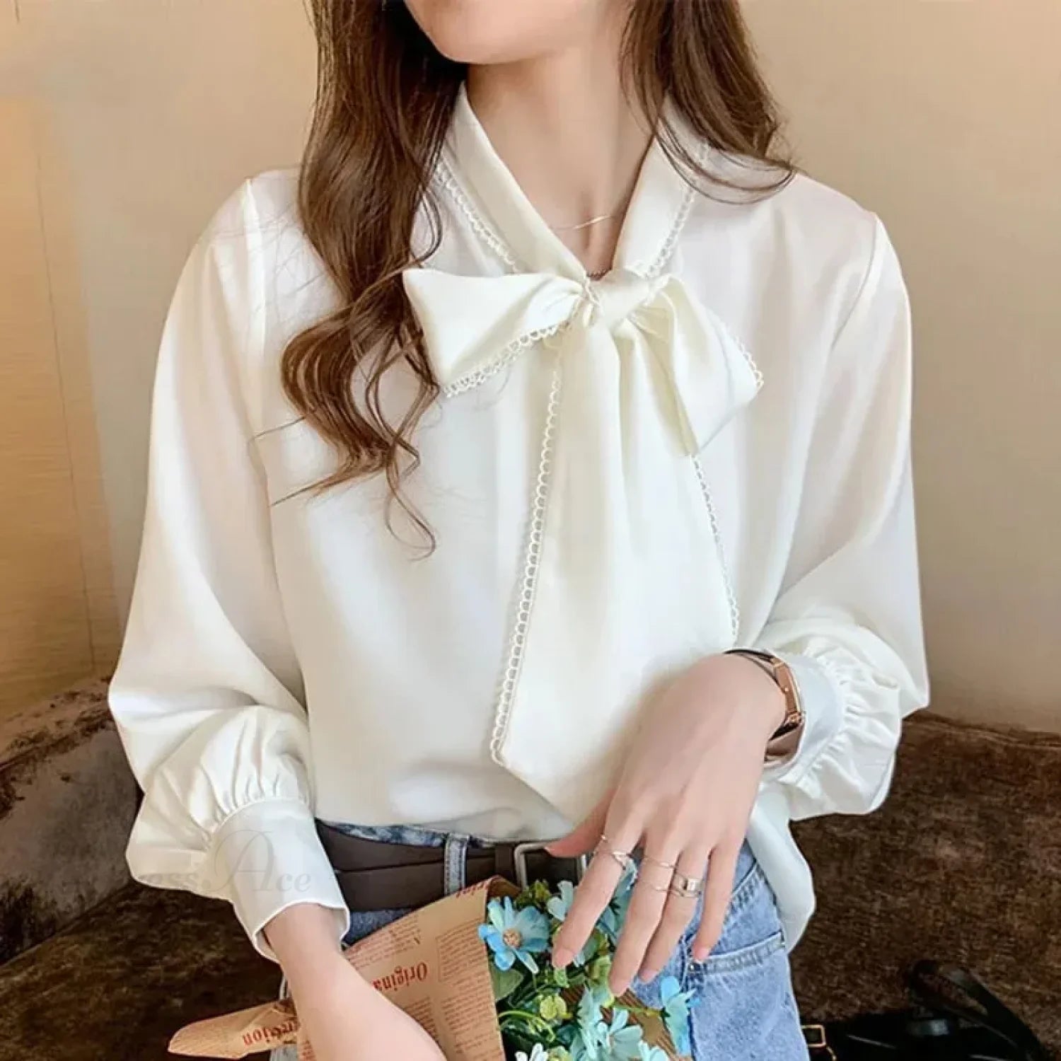 Casual Elegant Satin Chiffon Blue Blouse blouse-250126