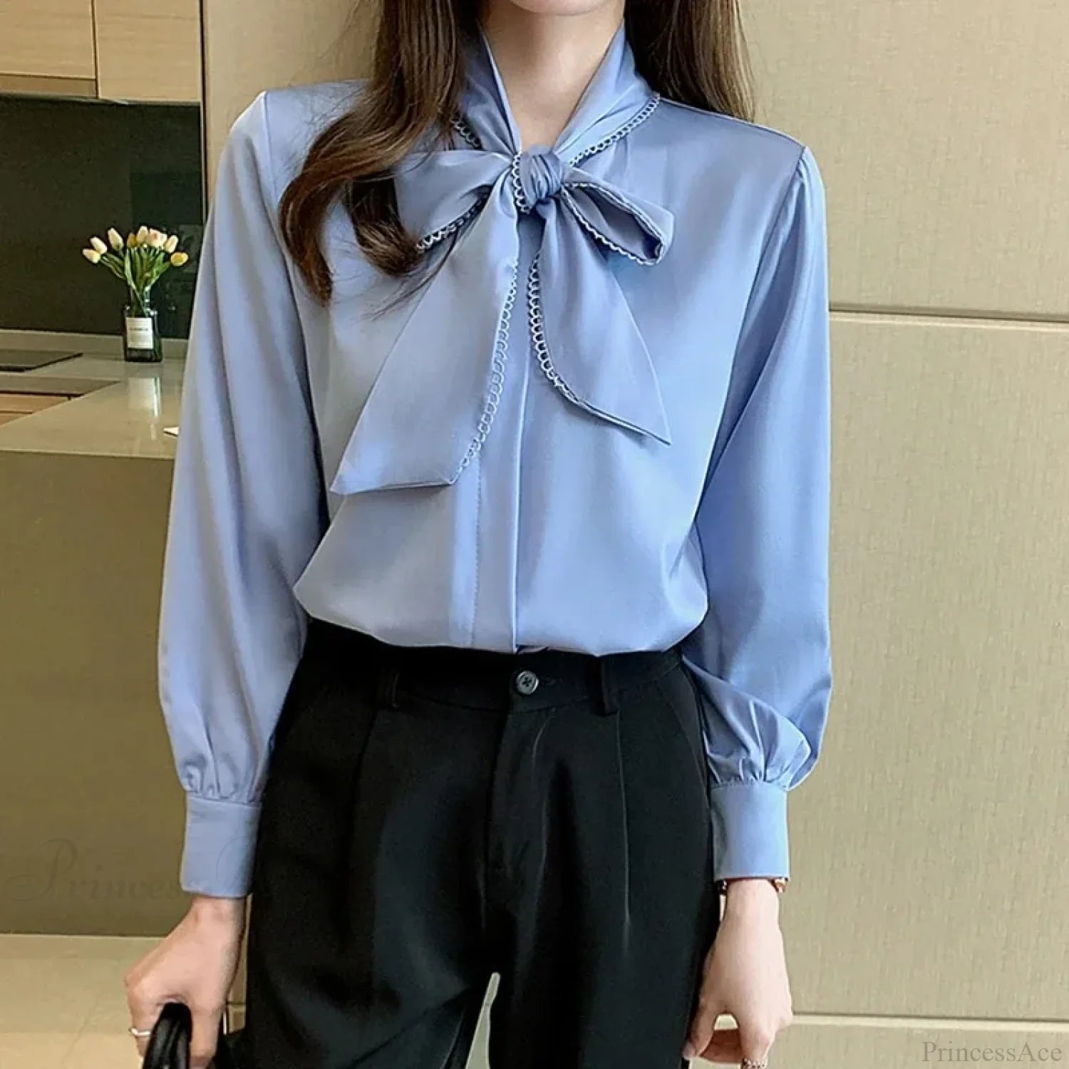 Casual Elegant Satin Chiffon Blue Blouse blouse-250126