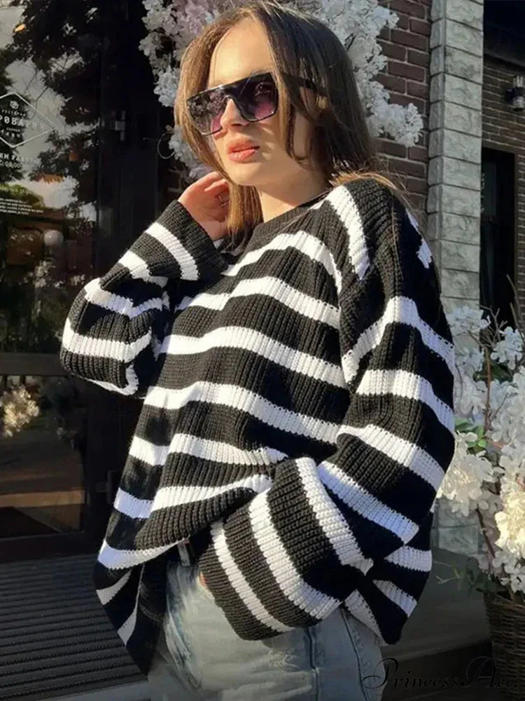 Casual Elegant Striped Cozy Oversize Autumnal Gray Fashionable Sweater Sweaters-L