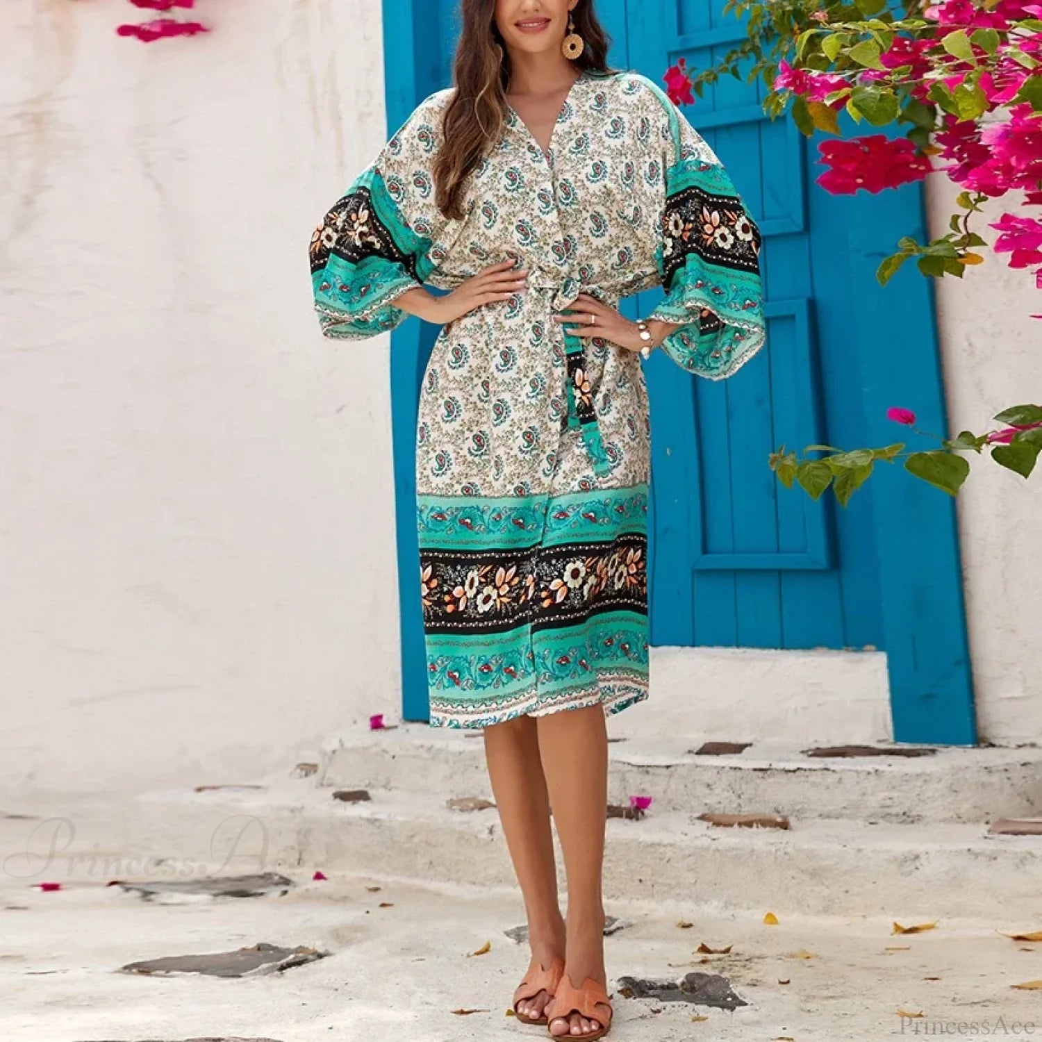 Casual Ethnic Floral Print Loose Cover-Up Dress bohodress-250126