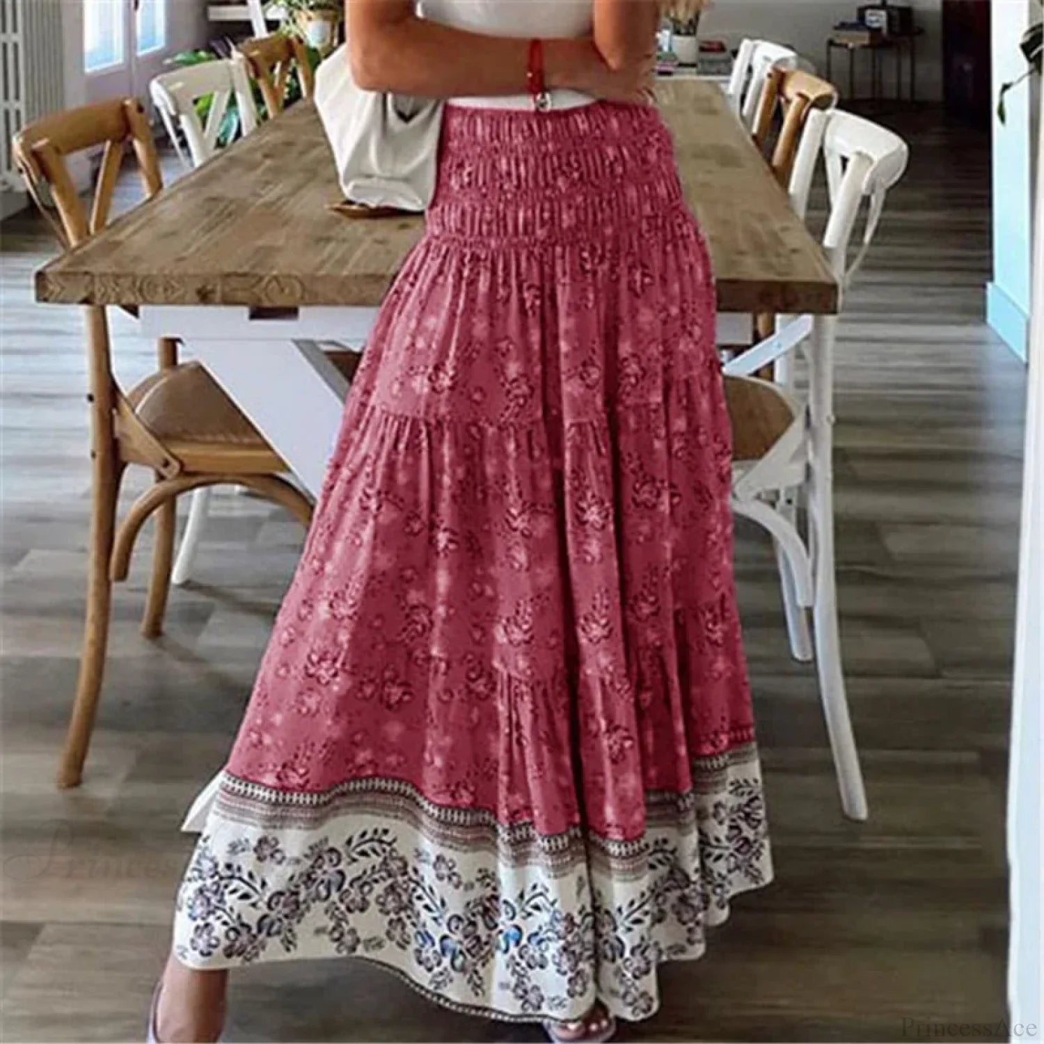 Casual Floral Elastic Waist Boho Style Skirt Red / S skirt-250126