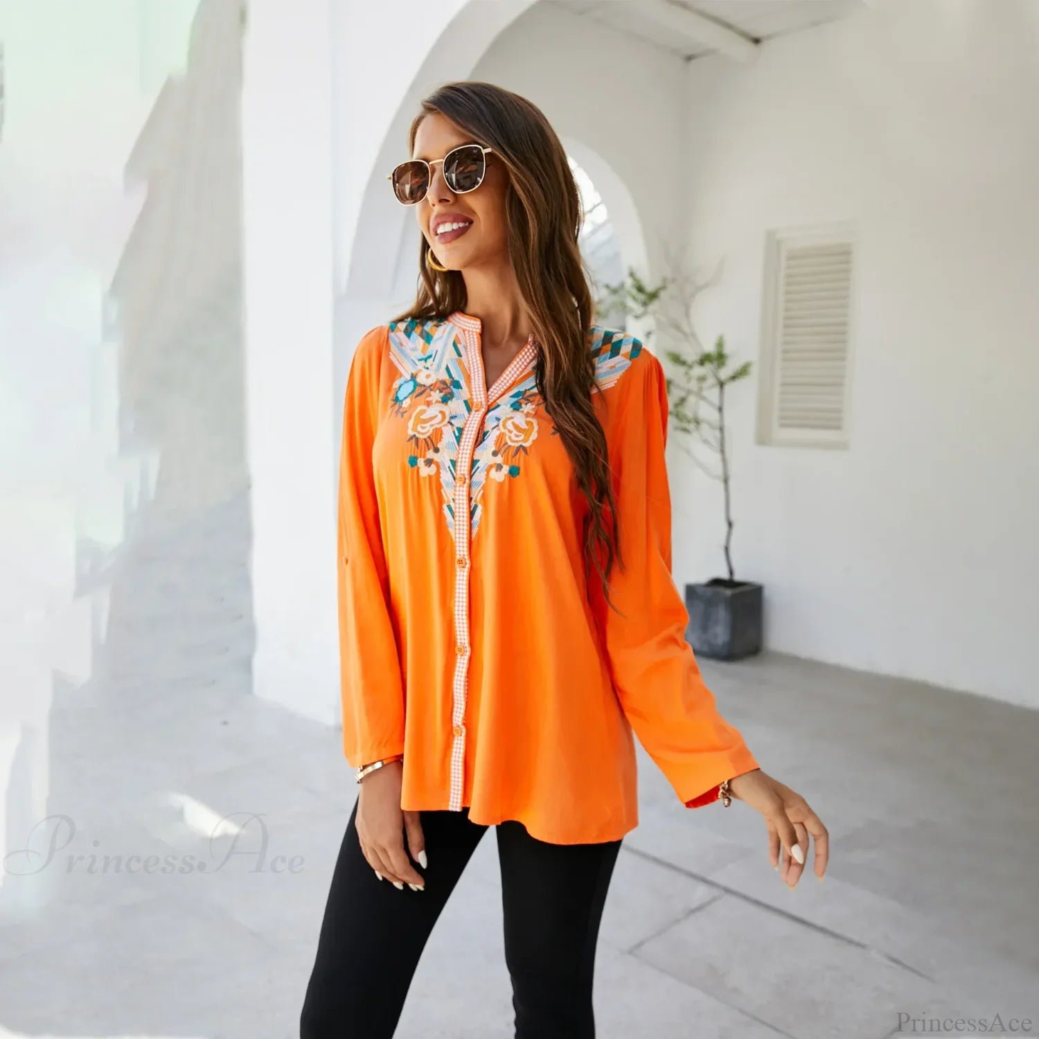 Casual Floral Embroidery Oversize Cotton Long Sleeve Boho Blouse Orange / S bohoblouse-250126