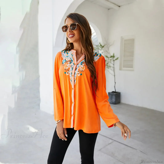 Casual Floral Embroidery Oversize Cotton Long Sleeve Boho Blouse Orange / S bohoblouse-250126
