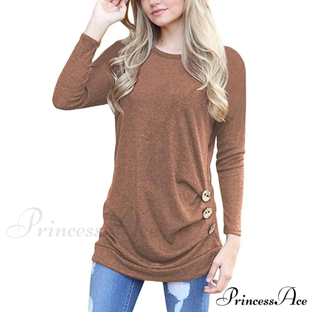 Women's Casual Long Sleeve Tunic Tops Brown __stock:200 clothes Low stock refund_fee:800 tops