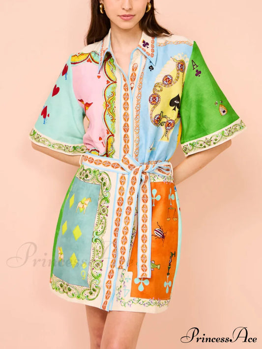 Casual Fun Printed Charming Shirt Cardigan Short Dress Multi-Color / S Dresses