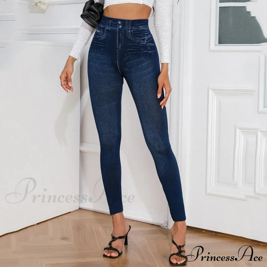 Casual High Stretch Ripped Print Leggings Jeans Blue / One Size