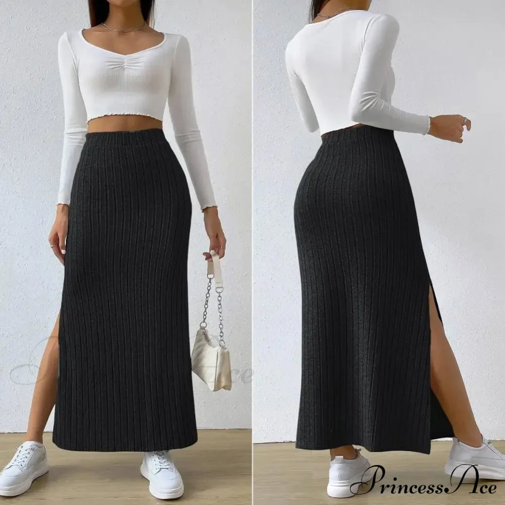 Casual High Waist Sexy Knitted Elegant Solid Long Autumn Winter Fashionable Skirt