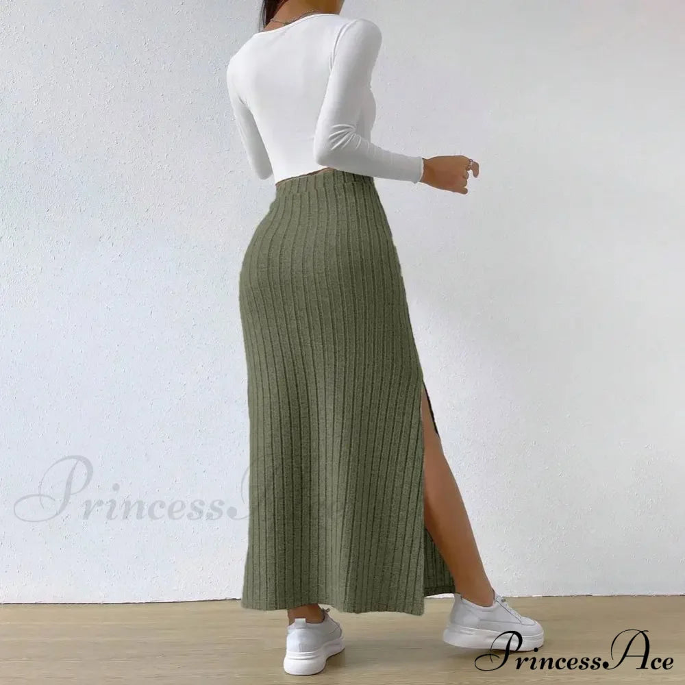 Casual High Waist Sexy Knitted Elegant Solid Long Autumn Winter Fashionable Skirt