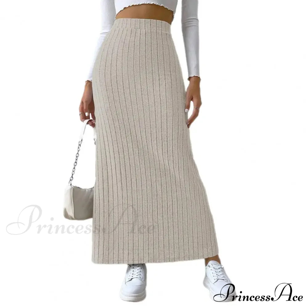 Casual High Waist Sexy Knitted Elegant Solid Long Autumn Winter Fashionable Skirt Apricot / S