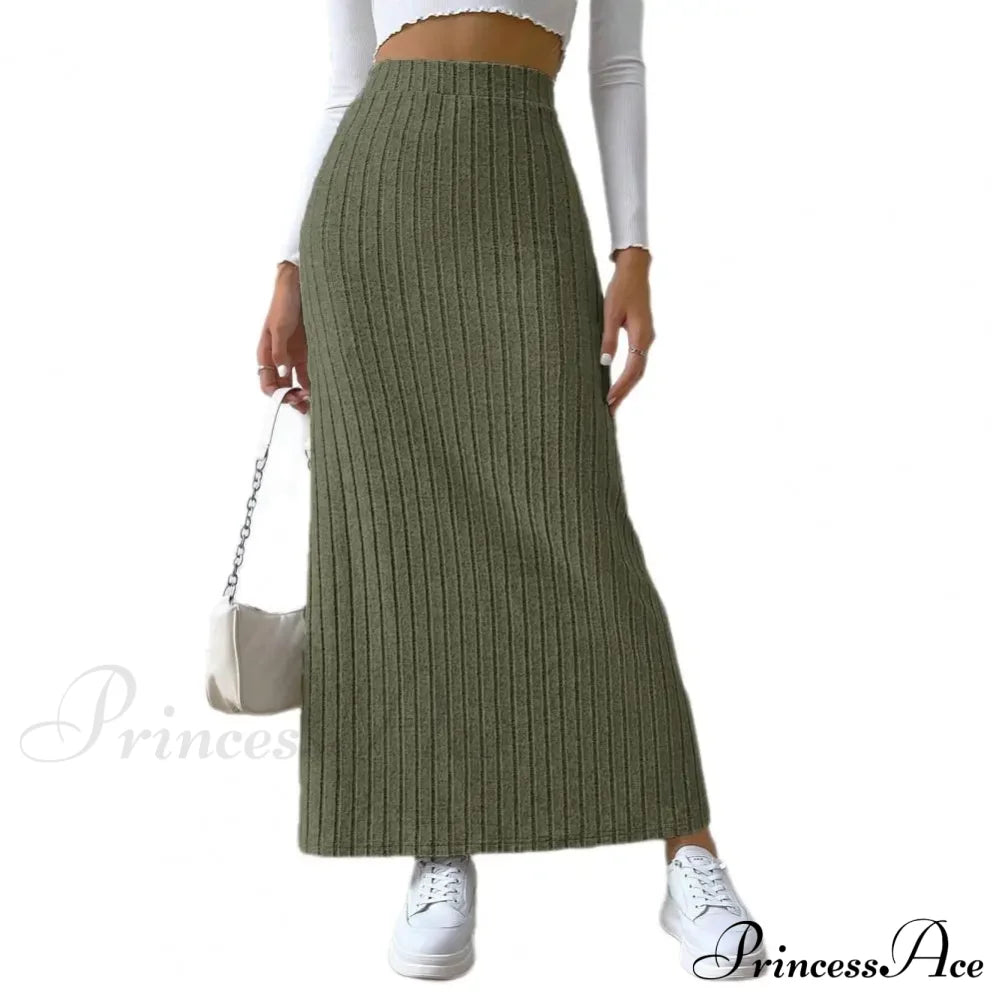 Casual High Waist Sexy Knitted Elegant Solid Long Autumn Winter Fashionable Skirt Army Green / S