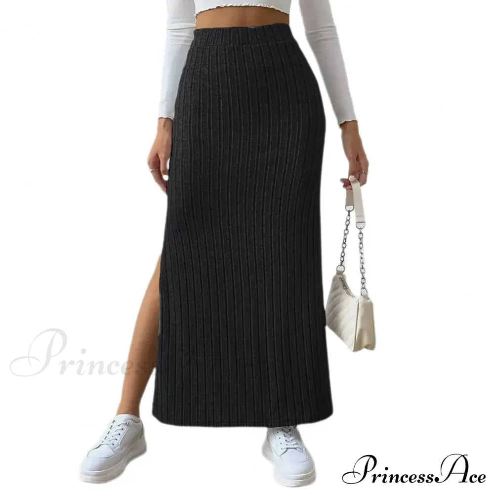 Casual High Waist Sexy Knitted Elegant Solid Long Autumn Winter Fashionable Skirt Black / S