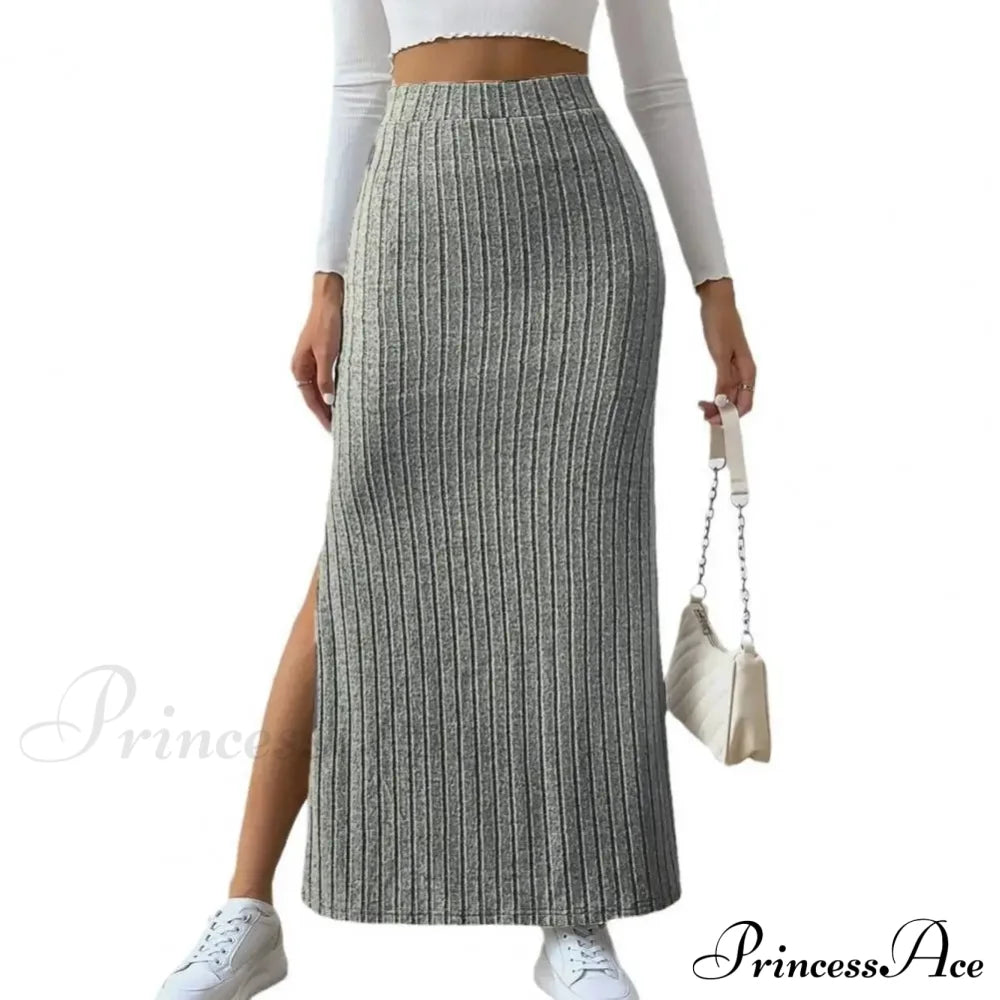 Casual High Waist Sexy Knitted Elegant Solid Long Autumn Winter Fashionable Skirt Light Grey / S