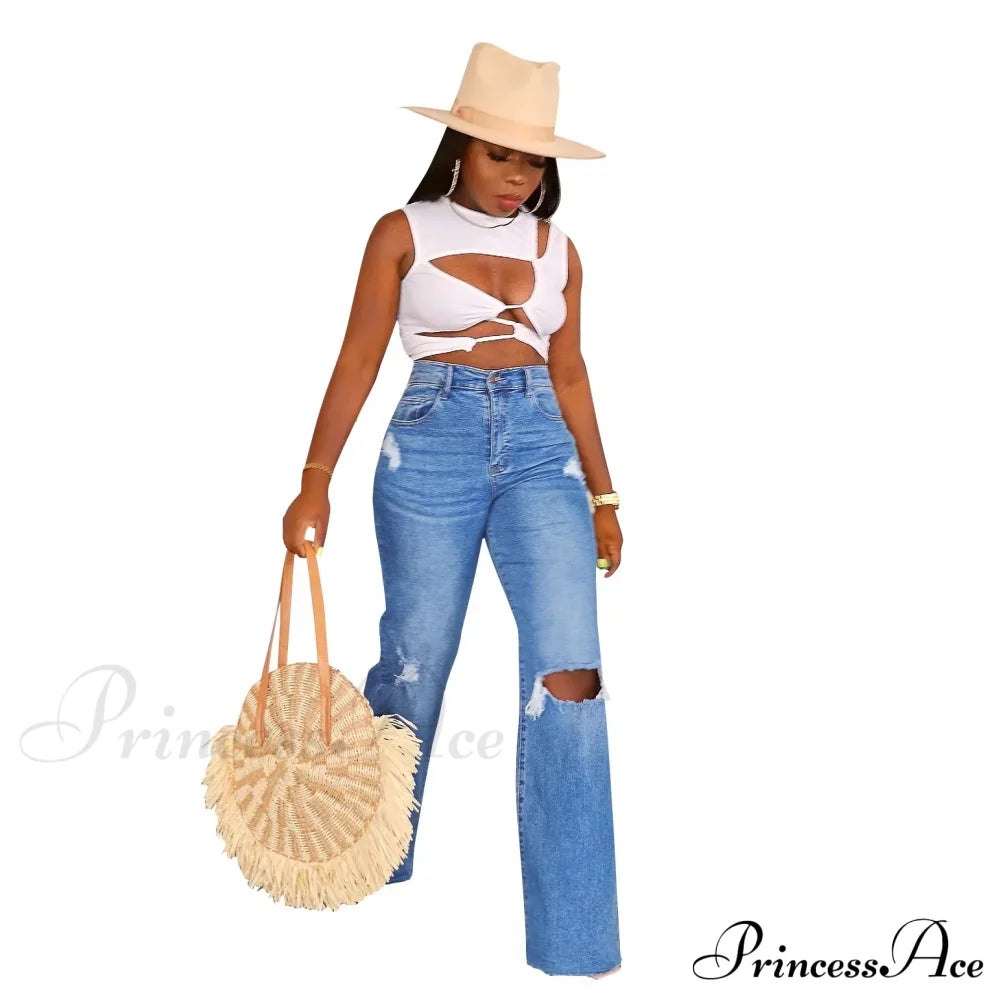 Casual High Waist Wide Leg Pants Loose Fashion Women’s Street Ripped Plus Size Mom Denim Trousers