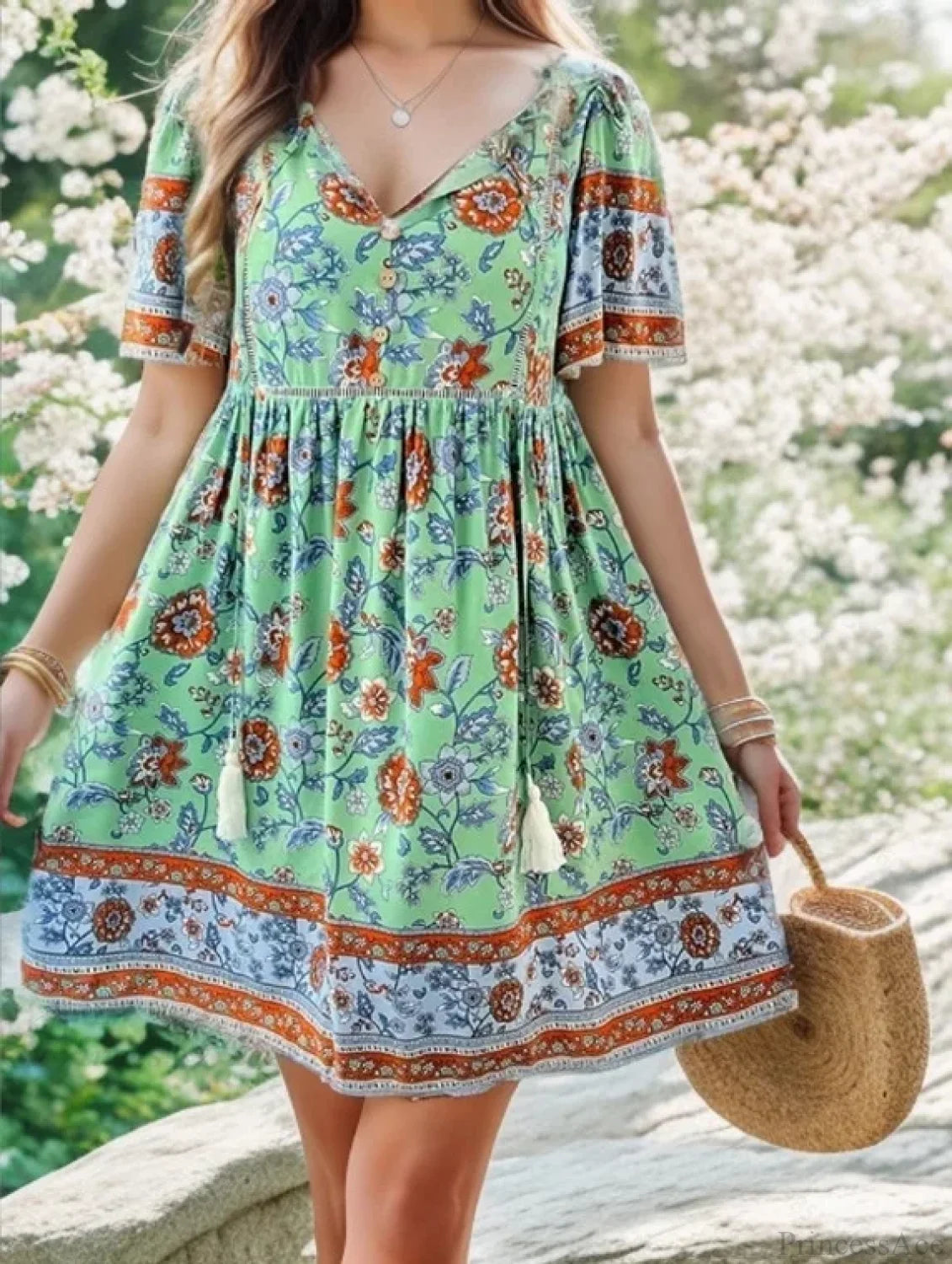 Casual Holiday Floral Print V-neck Short Sleeve Sundress Green / S oldfloraldress-250126
