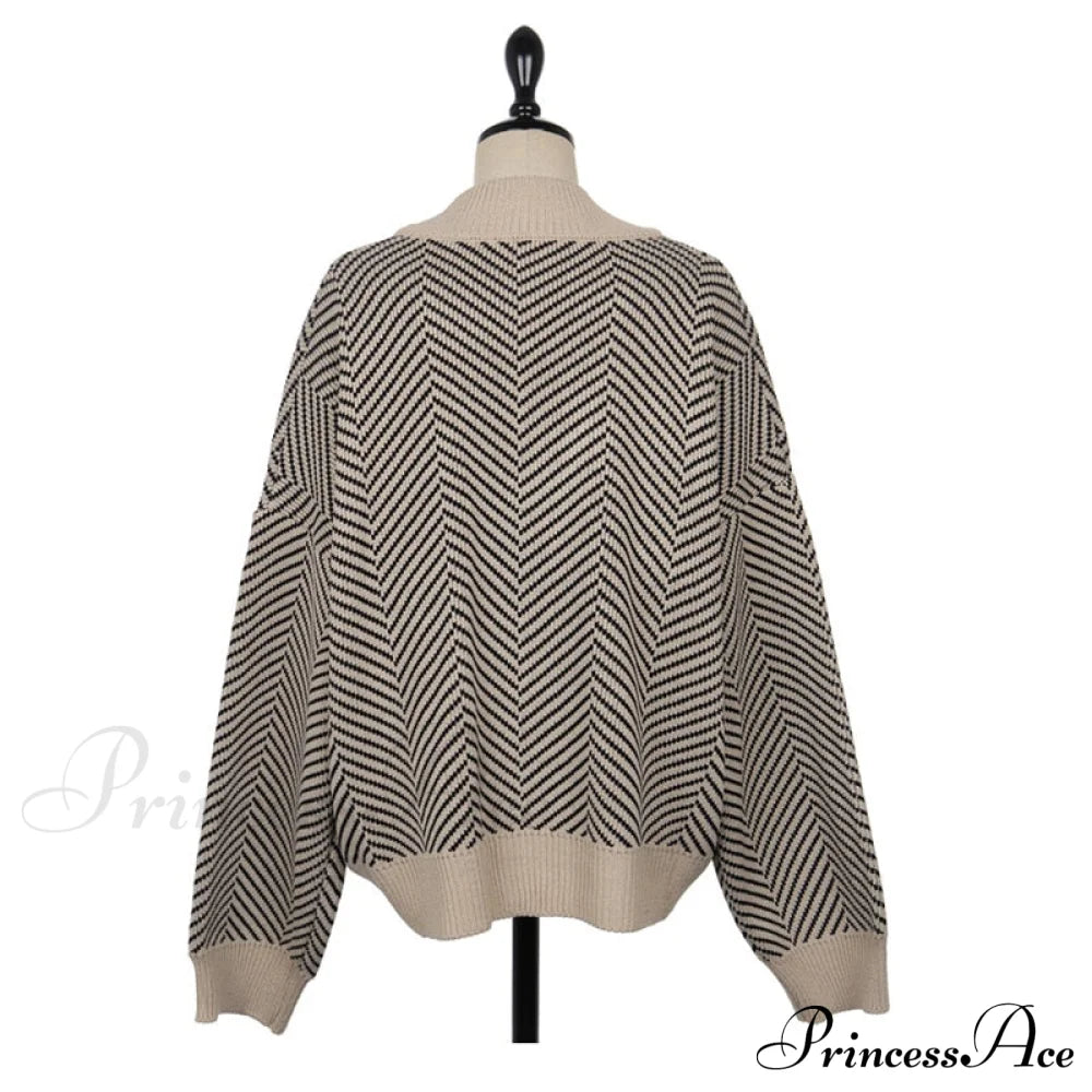 Casual Knitted Cardigan Oversize Button Front Contrast Stripe