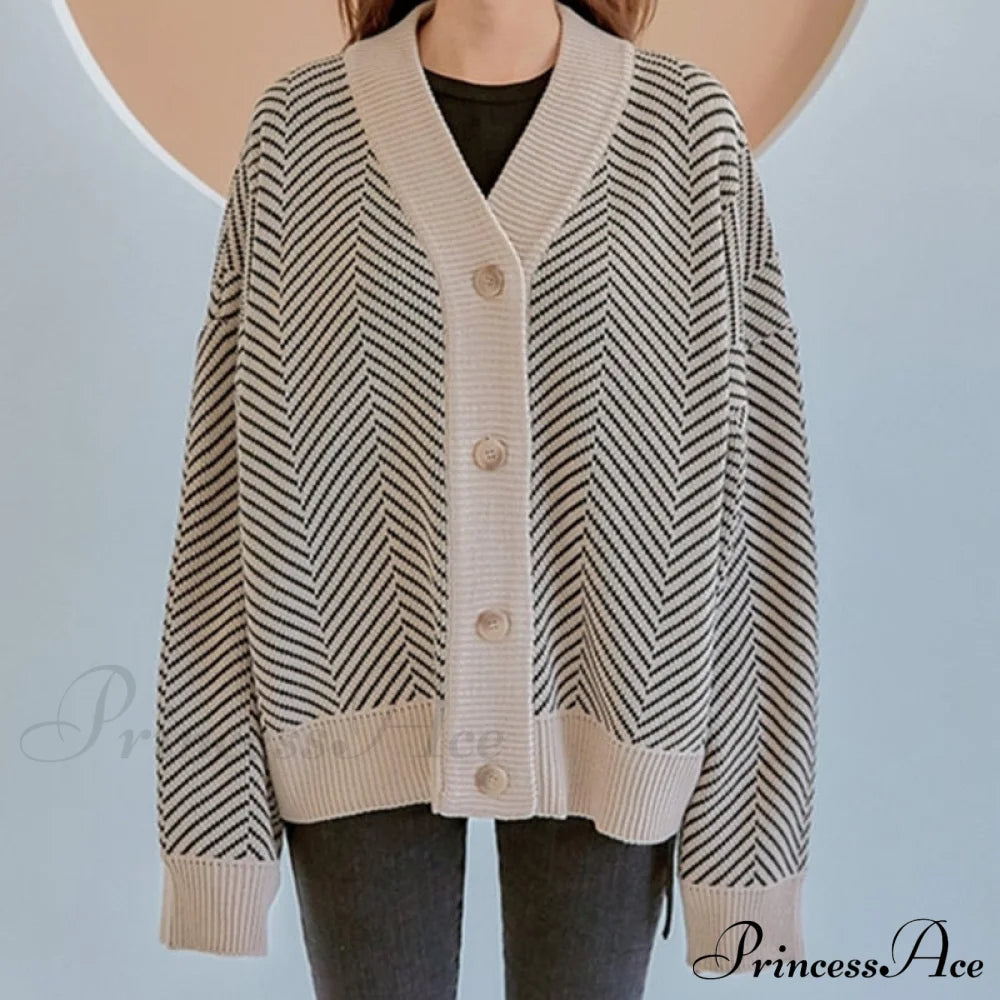 Casual Knitted Cardigan Oversize Button Front Contrast Stripe