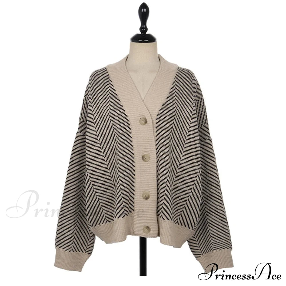 Casual Knitted Cardigan Oversize Button Front Contrast Stripe As Photo / One Size