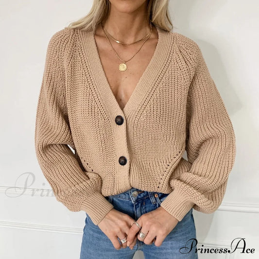 Casual Knitted Cardigans Sweater Fashion Loose Coat Khaki / One Size