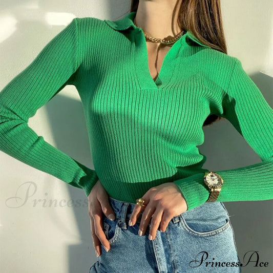 Casual Knitted V Neck Long Sleeve Slim Fit Sweater Green / S Sweaters-L