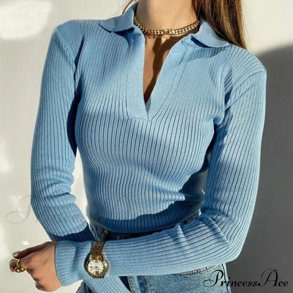 Casual Knitted V Neck Long Sleeve Slim Fit Sweater Sweaters-L