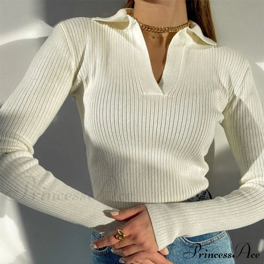 Casual Knitted V Neck Long Sleeve Slim Fit Sweater Sweaters-L