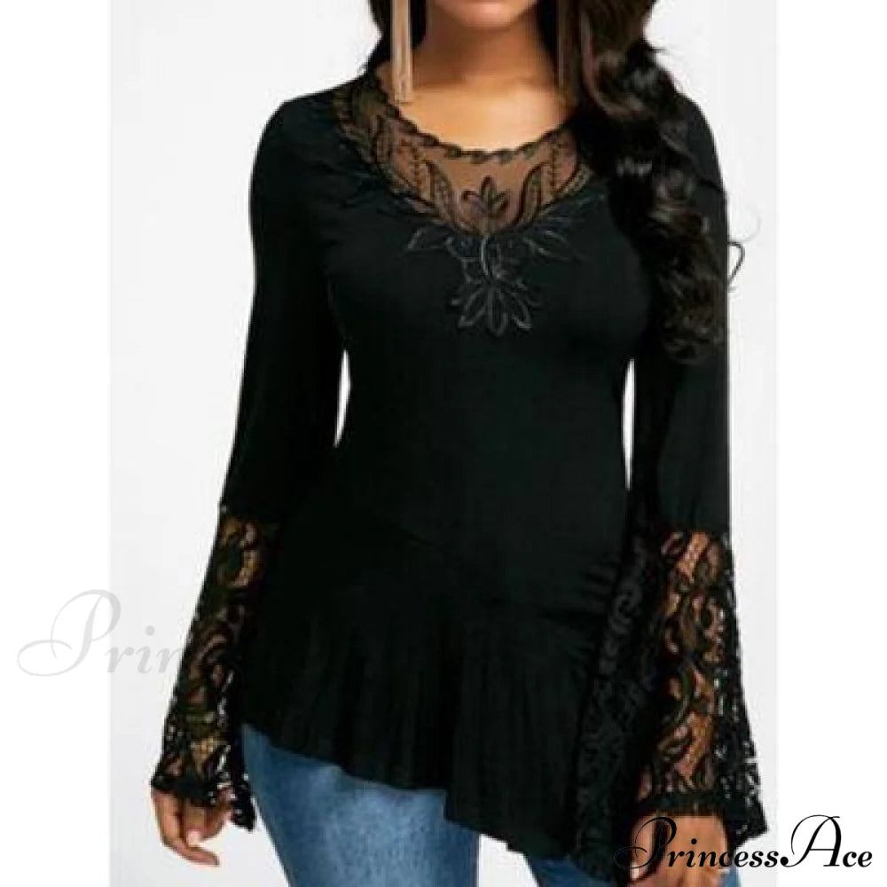 Women Casual Irregular T-shirt with Long-sleeved Lace Stitching Plus Size Shirts Black __stock:50 clothes refund_fee:800 tops