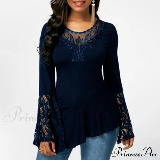 Women Casual Irregular T-shirt with Long-sleeved Lace Stitching Plus Size Shirts Navy __stock:50 clothes refund_fee:800 tops